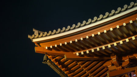 Tokyo, Japan - August 2018: Roof detail of Sensoji Asakusa Kannon Temple at nightのeditorial素材