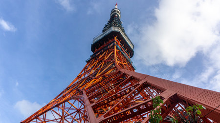 Tokyo, Japan - August 2018: Close up of Tokyo Tower in summer on a cloudy dayのeditorial素材