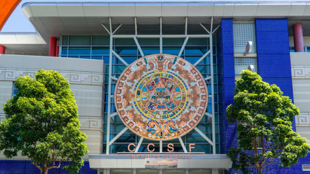 San Francisco, USA - August 2019: Aztec Calendar on the wall of Mission Campus entrance of City College of San Franciscoのeditorial素材