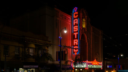 San Francisco, USA - August 2019: Illuminated Castro Theatre on Castro Street at nightのeditorial素材