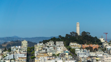 San Francisco, USA - August 2019: Coit Tower and surrounding buildings on a summer dayのeditorial素材