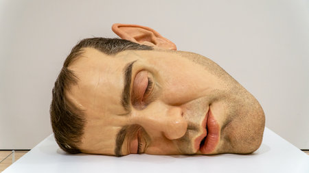 San Francisco, USA - August 2019: Ultra realistic giant head by Ron Mueck in San Francisco Museum of Modern Artsのeditorial素材