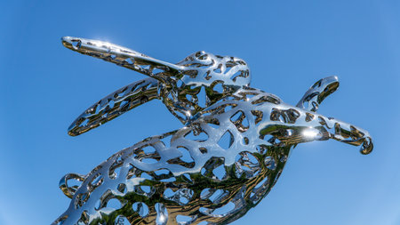 San Francisco, USA - August 2019: Close up of stainless steel Bunny Foo Foo by Lawrence Argent in Hall Wines vineyard on Highway 29のeditorial素材
