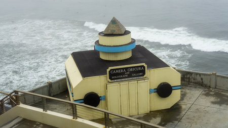 San Francisco, USA - August 2019: Giant Camera Obscura closed during maintenance on a foggy day