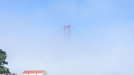 San Francisco, USA - August 2019: Top of Golden Gate Bridge on a foggy dayのeditorial素材