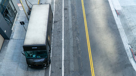 San Francisco, USA - August 2019: Top view of UPS truck parked by the roadのeditorial素材