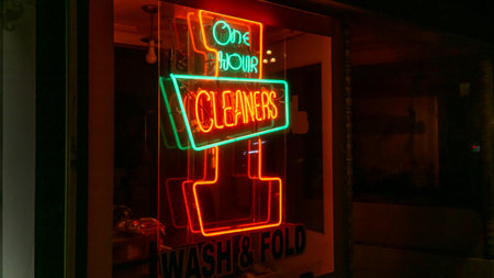 San Francisco, USA - August 2019: 1 hour cleaner service neon signage with red lights at night