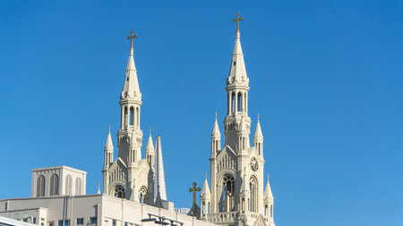 San Francisco, USA - August 2019: Towers of Saints Peter and Paul Church in San Francisco
