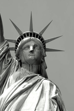 Black and white close up of Statue of Liberty on Liberty Island in New York City.