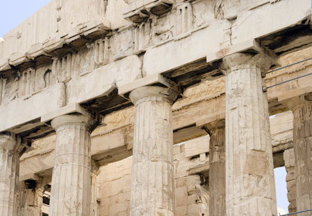 Close up of columns of the Parthenon at the Acropolis of Athens in Athens, Greece. c 5th century BC.