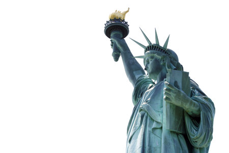 Statue of Liberty over white background with empty space on left hand side.の写真素材
