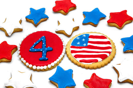 red, blue and white stars, American flag and the figure of four cookiesの写真素材