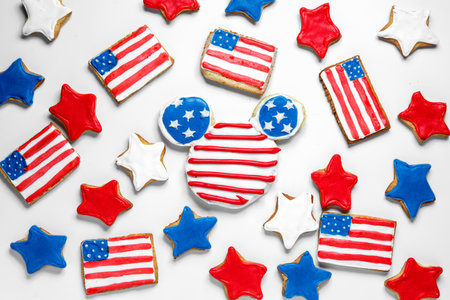 red, blue stars, American flag and the figure of four cookiesの写真素材