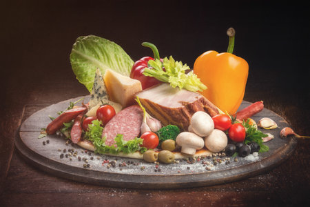 Delicious still life, on a wooden board of food, vegetables, meat, sausages, cheese and spicesの写真素材