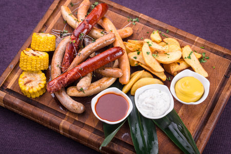 beer set of barbecue sausages, hunting sausages, rustic potatoes, grilled corn with garlic sauce, ketchup and mustard sauceの写真素材