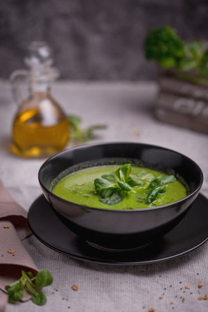 Vegetarian healthy soup. Green pea cream soupの写真素材