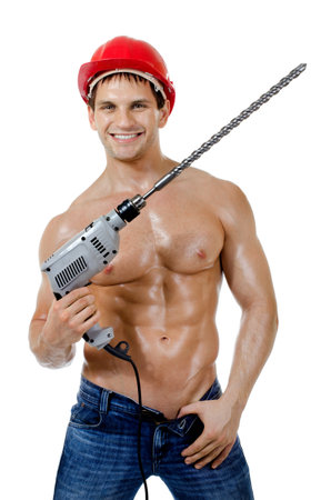  the beauty worker driller man  close up,   wield with  perforator, on white background, isolatedの写真素材