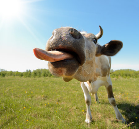 cow on grassland,  put  one's tongue out close-up on camera, sun summer dayの写真素材
