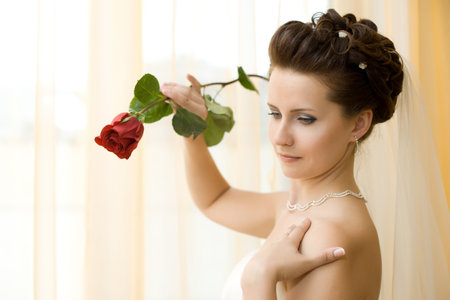 vertical wedding portrait beautifull  fiancee in white dress, soft lightの写真素材
