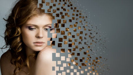 the very  pretty red-haired young woman,  sensual  captivating look , horizontal portraitの写真素材