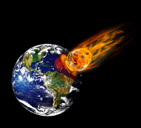 Collision planet Earth with enormous fiery meteorite.の写真素材