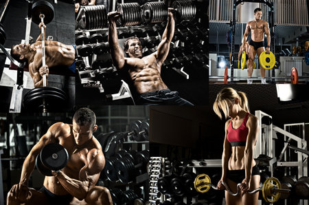 bodybuilding,  execute exercise press with weight, in gym, collage of photoの写真素材
