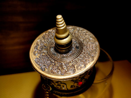 Close up image of tibetan buddhism prayer wheel.の写真素材