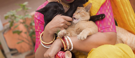 Image of lady hugging her cats.の写真素材