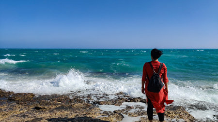 Lady enjoying the beautiful view of red sea in Egypt.の写真素材