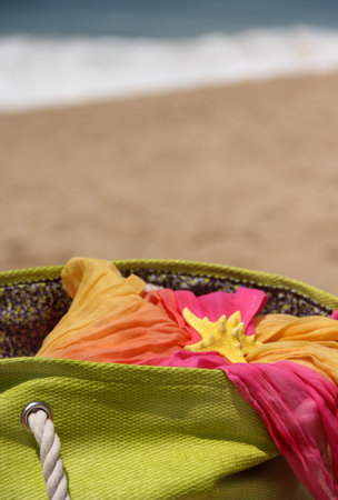 Sea time composition: funny starfish in the green bagの写真素材