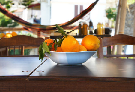 Summer terrace with hammock and oranges on the table の写真素材