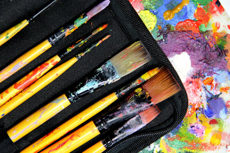 Big set of paintbrushes and art paletteの写真素材