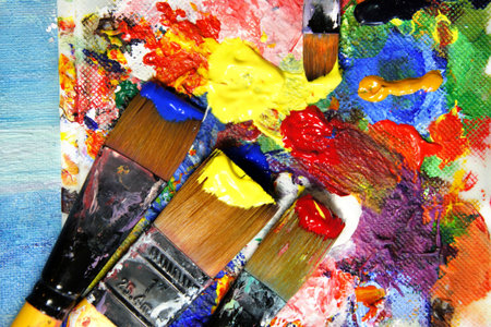 Vivid playful strokes and paintbrushes の写真素材