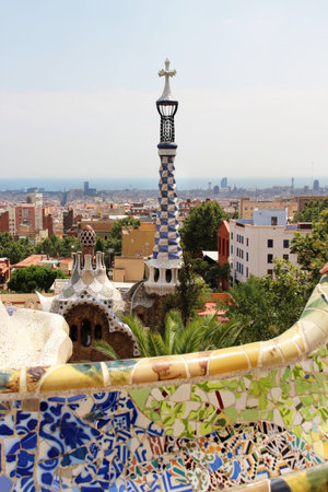 Famous park Guell in Barcelona, Spain with Gaudi houses 
