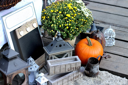 Halloween decorations with pumpkin and other decor objects の写真素材
