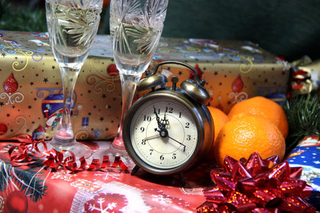 New Year celebration with champagne and old clock