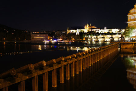 Beautiful panorama of  Prague Castle and Charles bridge in the night, Czech         のeditorial素材