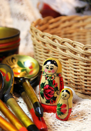 Mix of traditional Russian Souvenirs and antique objectsの写真素材