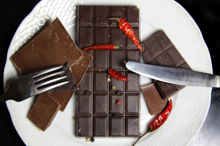 Pieces of chocolate with hot chili pepper