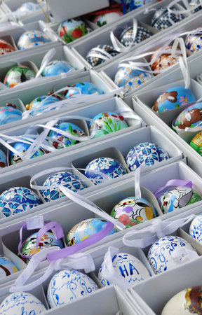 Mix of multicolored painted vivid Easter eggs on the market