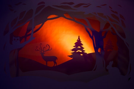 Christmas winter forest at night paper cut design for holiday cardの写真素材