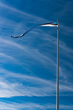 Flag of Estonia against the sky. A thin horizontal ribbon style flag in the windの写真素材
