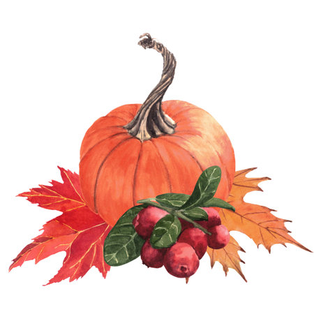 Composition of pumpkin, leaves and cranberries. Pumpkin, leaves, cranberries, fall, thanksgiving day, holidayの写真素材