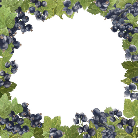 Watercolor frame of delicious black and red currant and their leaves. Botanical illustration.  Great idea for kitchen decor and art for food.の写真素材