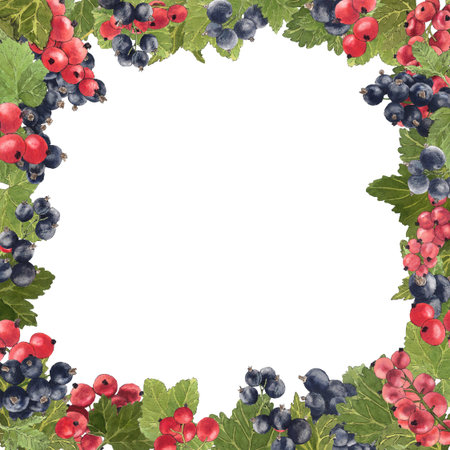 Watercolor frame of delicious black and red currant and their leaves. Botanical illustration.  Great idea for kitchen decor and art for food.の写真素材