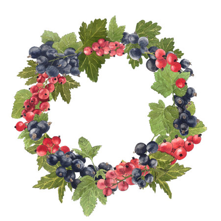 Watercolor frame of delicious black and red currant and their leaves. Botanical illustration.  Great idea for kitchen decor and art for food.の写真素材