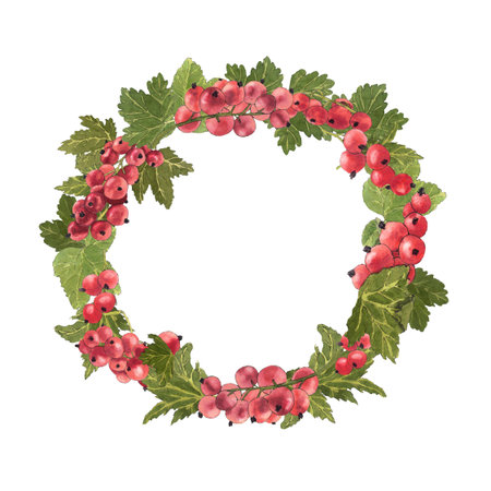 Watercolor frame of delicious black and red currant and their leaves. Botanical illustration.  Great idea for kitchen decor and art for food.の写真素材