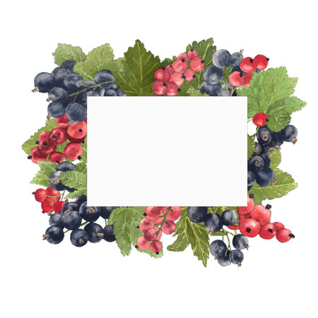 Watercolor frame of delicious black and red currant and their leaves. Botanical illustration.  Great...