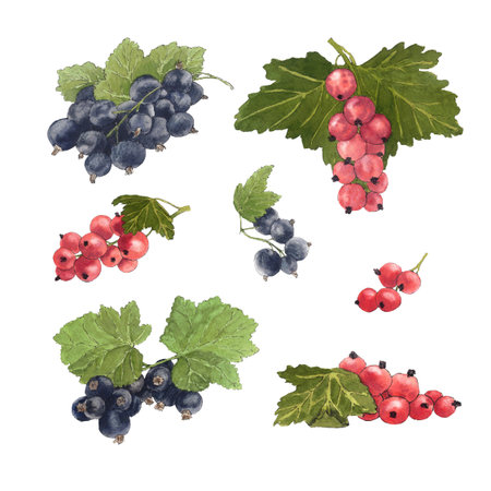Watercolor illustration of delicious black and red currant and their leaves. Botanical illustration.の写真素材
