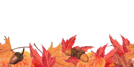 Frames fall pattern with hand-drawing watercolor illustration. Fall leaves, pumpkin and cranberries. Fall, leaves, pumpkin, cranberry, frameの写真素材